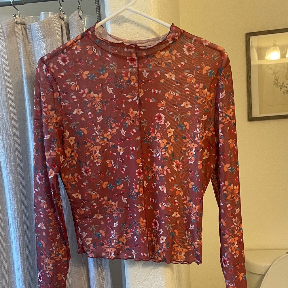 Elegant Floral Long Sleeve Top - Burgundy